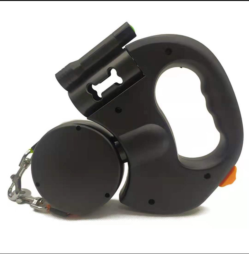 Black retractable dog leash with a bone-shaped clip on a white background