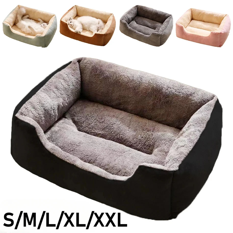 Dog bed in various sizes with a cat lying on top, displayed against a white background.