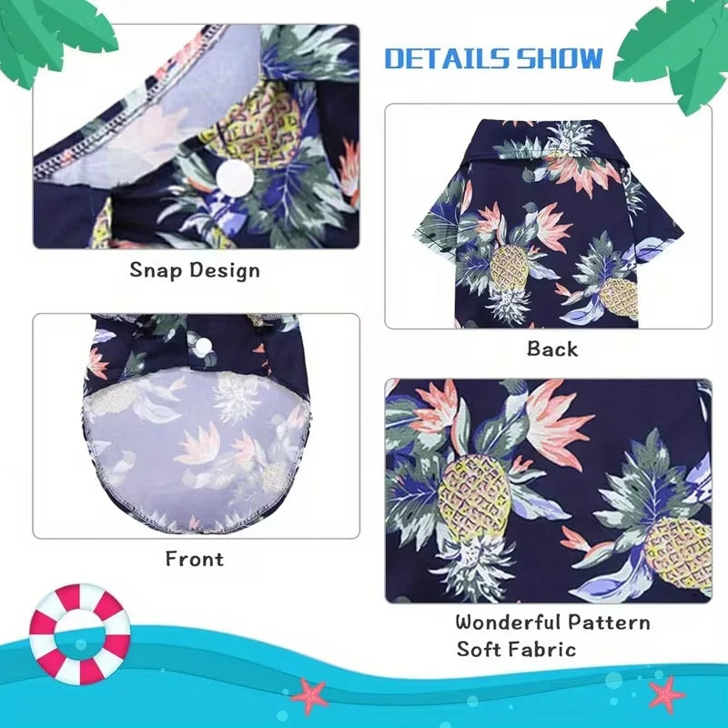 Product details of a floral-patterned cover with pineapple design, showing front, back, and snap design views.