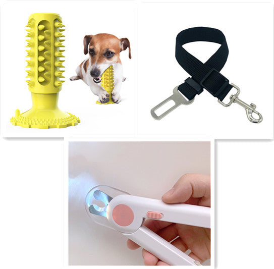 Collage of a yellow dog toy, a dog chewing on the toy, a black dog leash, and a hand holding a white device with a pink button.