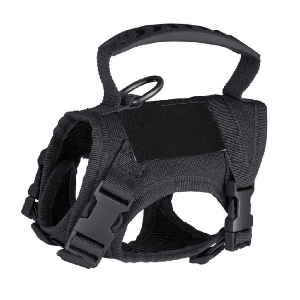 Black tactical dog harness on a white background