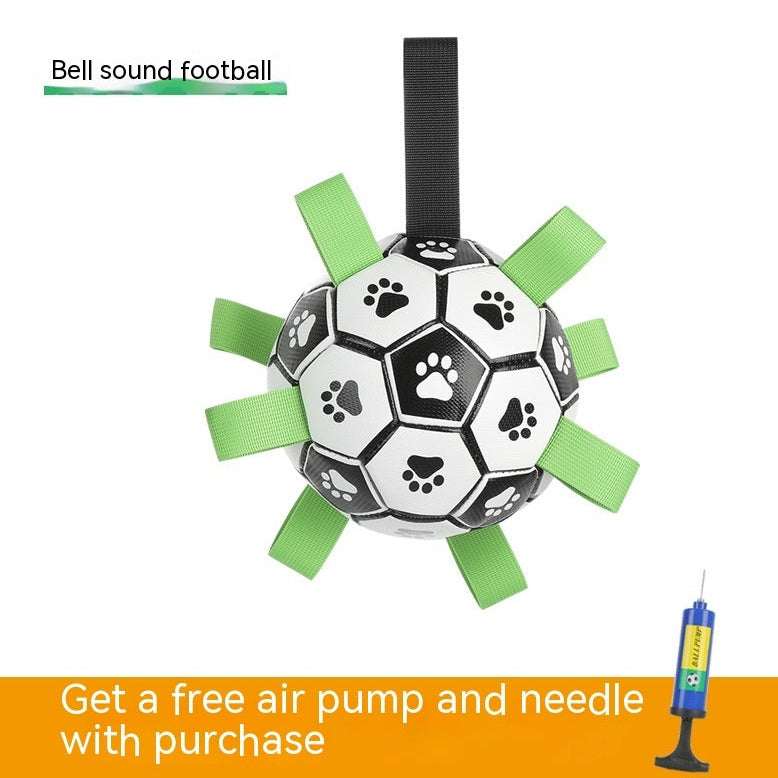 Toy football with bell sound and green tabs on a white background