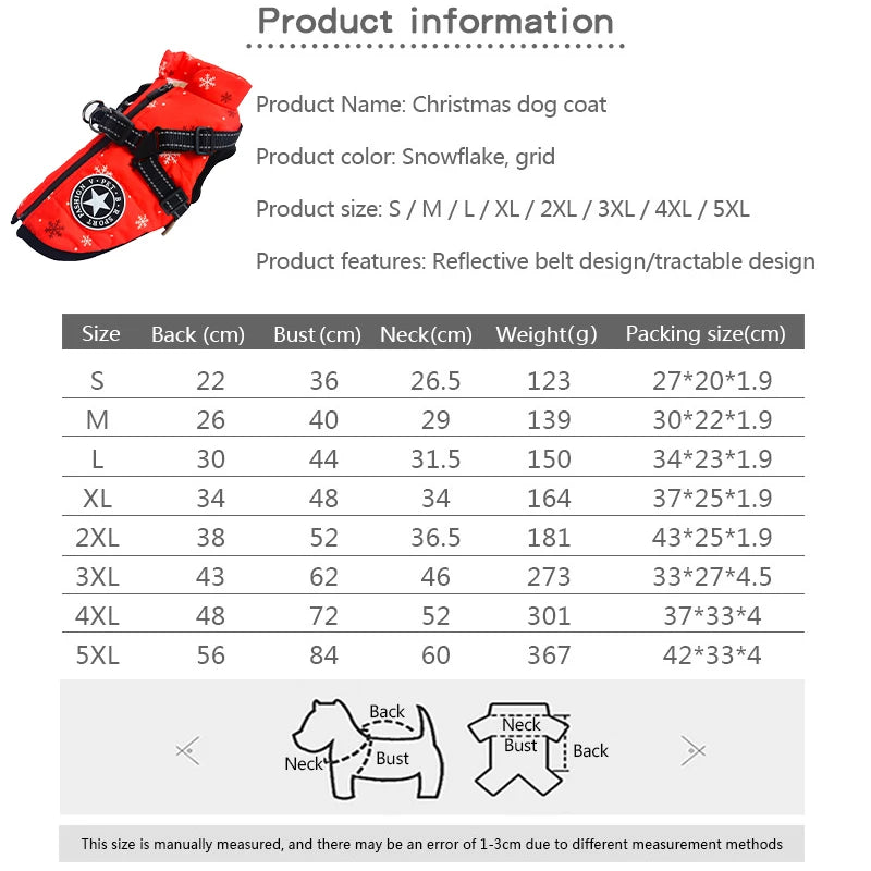 Product information for a Christmas dog coat with size chart and specifications.