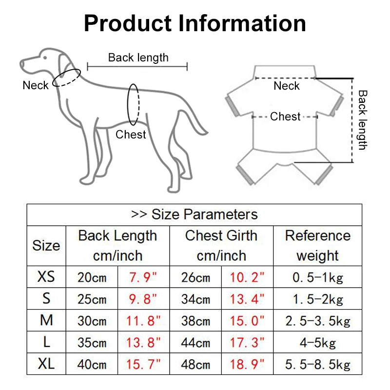Size chart for dog clothing with measurements and weight reference