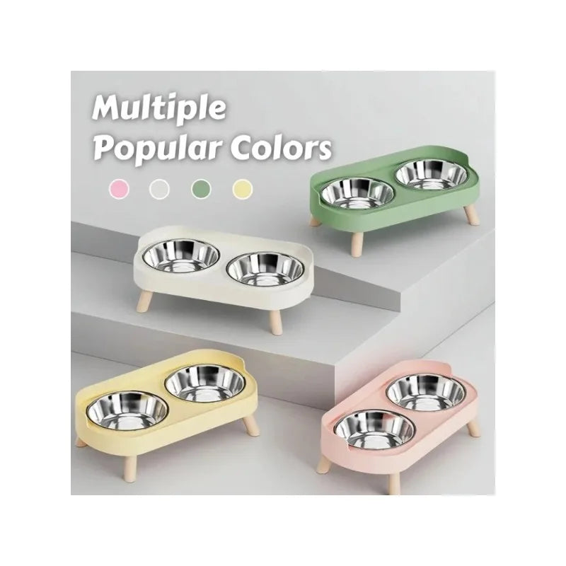 Set of pet feeding stations in various colors with color swatches above.