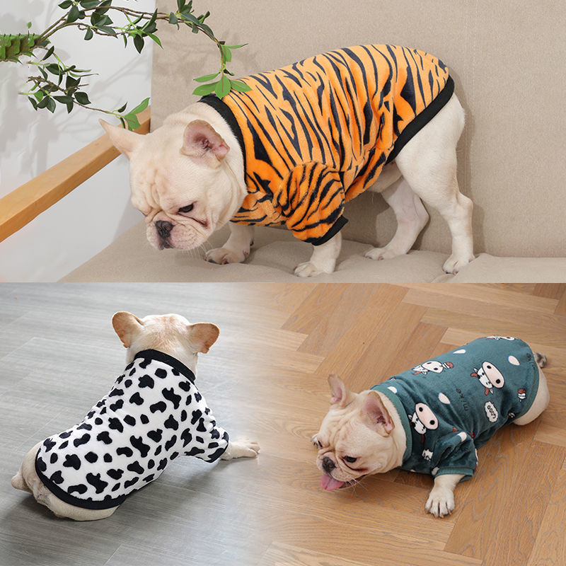 Three dogs wearing different patterned sweaters on a wooden floor.