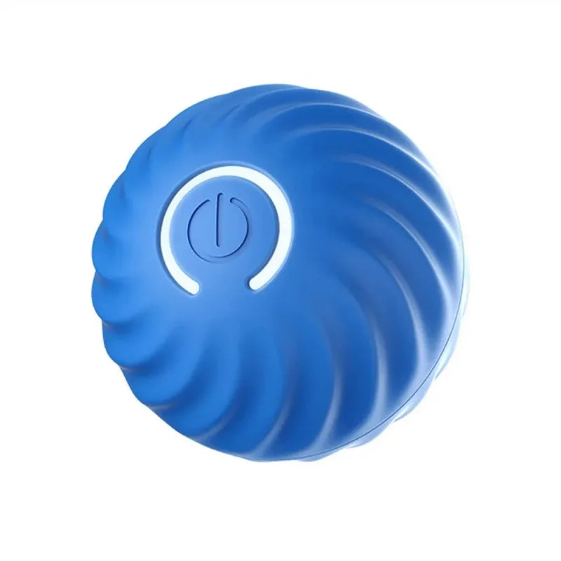 Blue swirled ball with a power symbol on a white background