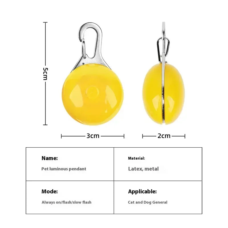 Yellow pet luminous pendant with measurements and product details on a white background