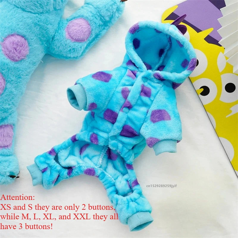 Blue and purple children's onesie with cartoon character in the background