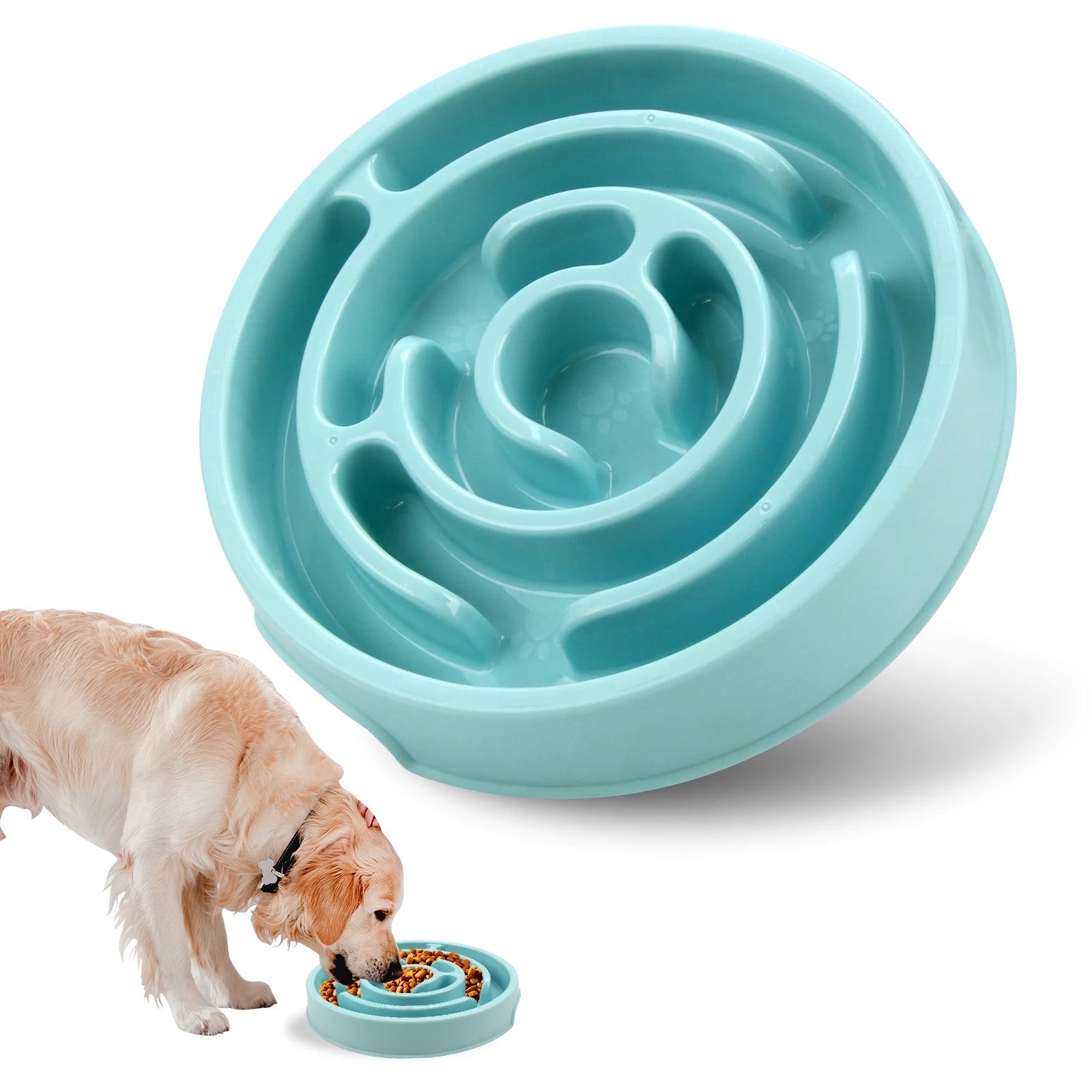 Teal slow feeder bowl for dogs with a dog eating from it on a white background