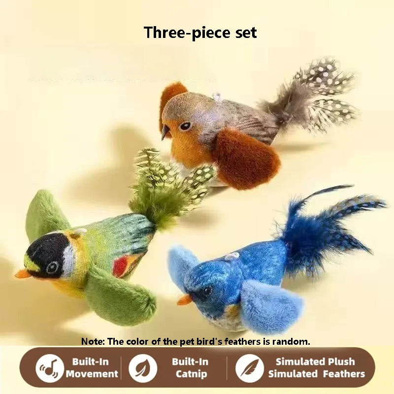 Three colorful bird-shaped cat toys with built-in movement and catnip on a beige background.