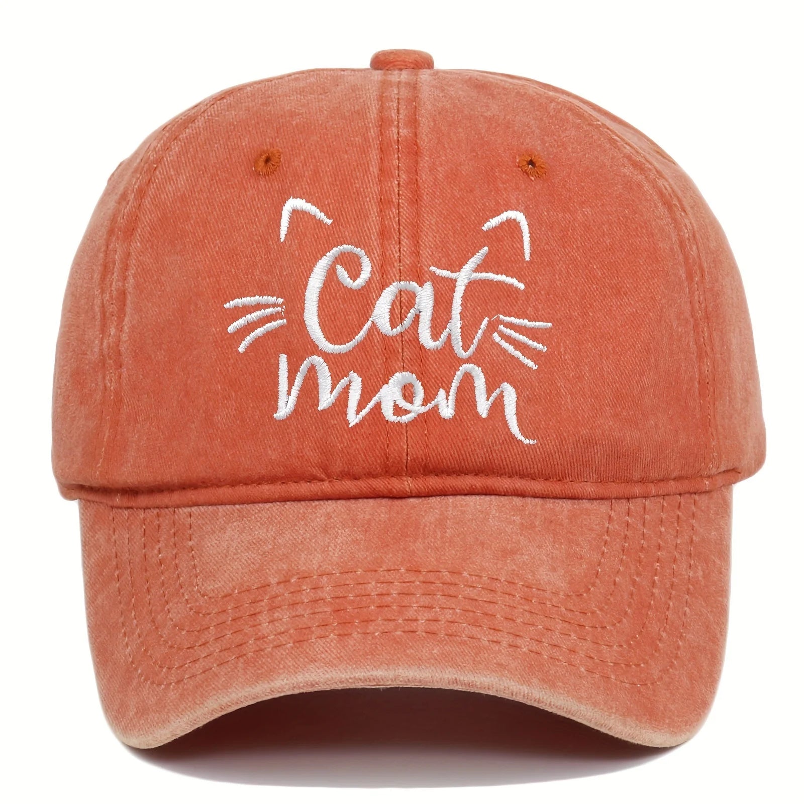 Orange cap with 'Cat Mom' text and cat whiskers on a white background
