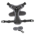 Gray dog harness with matching leash on a white background