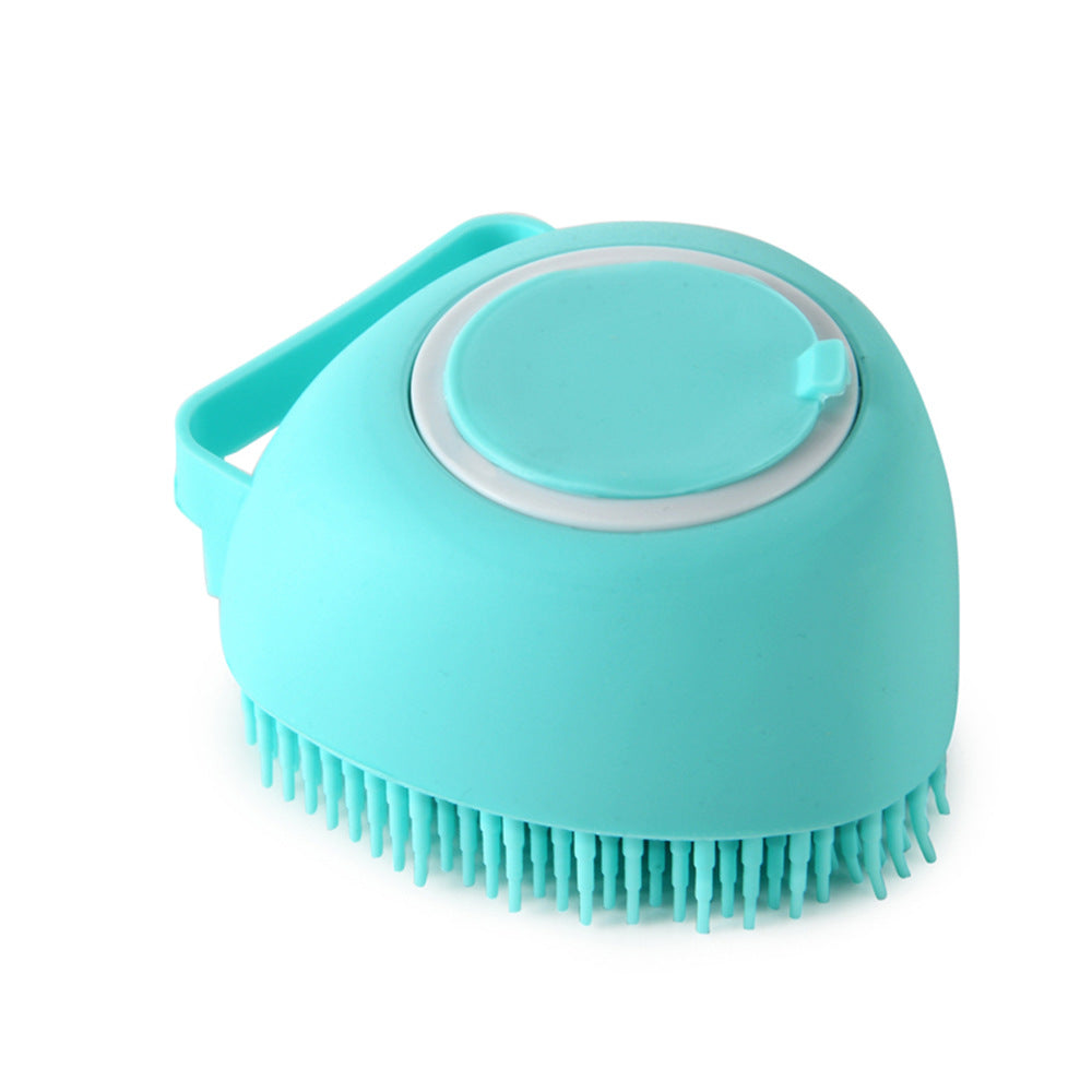 Turquoise silicone scrubber with bristles on a white background