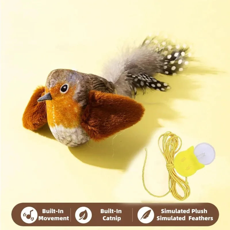 Plush toy resembling a bird with built-in movement and catnip on a light yellow background