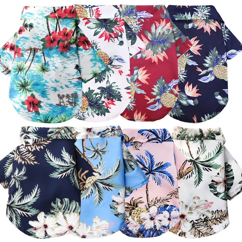 Collection of tropical-themed shirts in various colors and patterns.