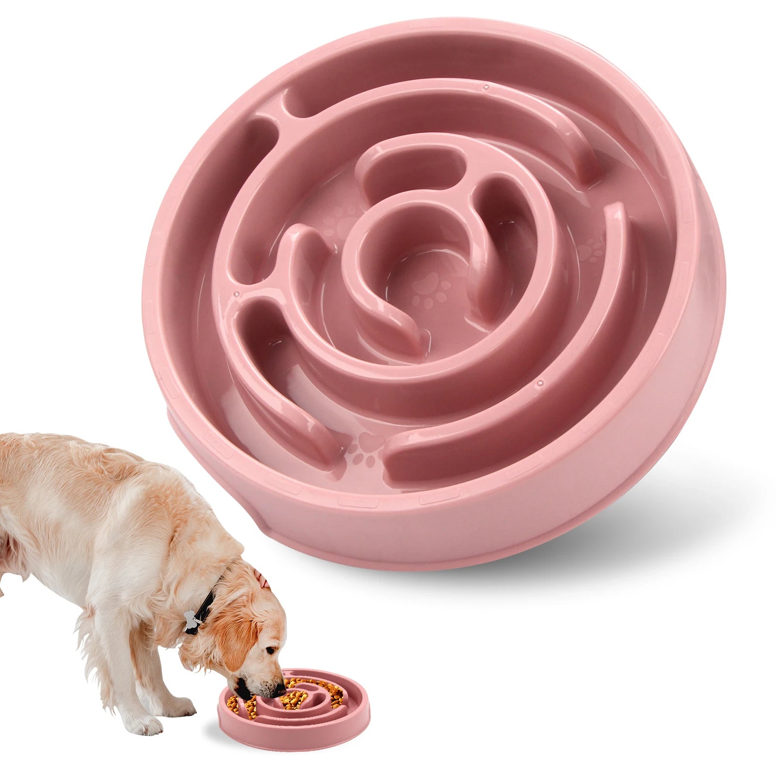 Pink dog bowl with a maze design and a dog eating from it on a white background