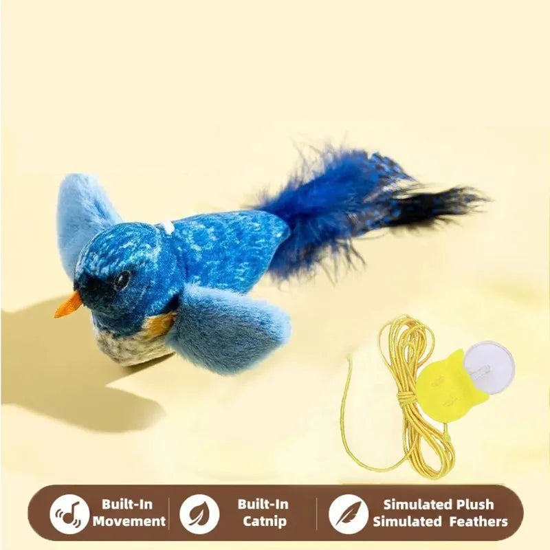 Blue bird-shaped cat toy with feather details on a beige background