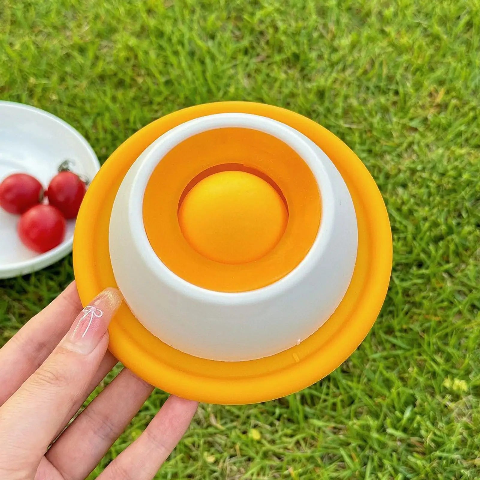 Collapsible orange and white bowl held by a hand on grass with fruits in the background