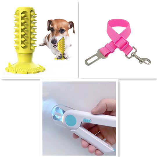 Collage of pet products including a yellow rubber toy, pink leash, and white grooming tool.