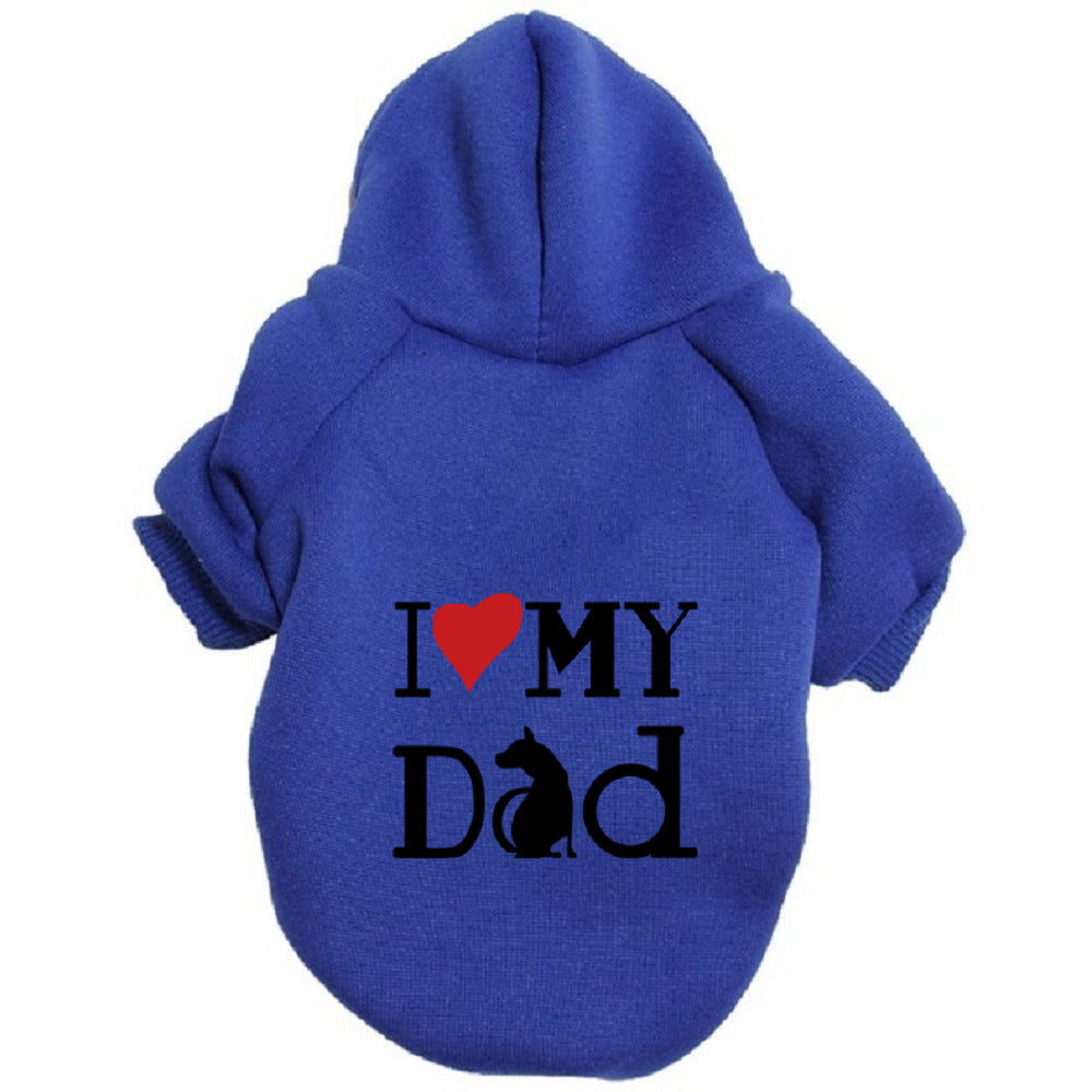 Blue pet hoodie with 'I ❤️ MY Dad' text on a white background