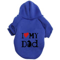 Blue pet hoodie with 'I ❤️ MY Dad' text on a white background