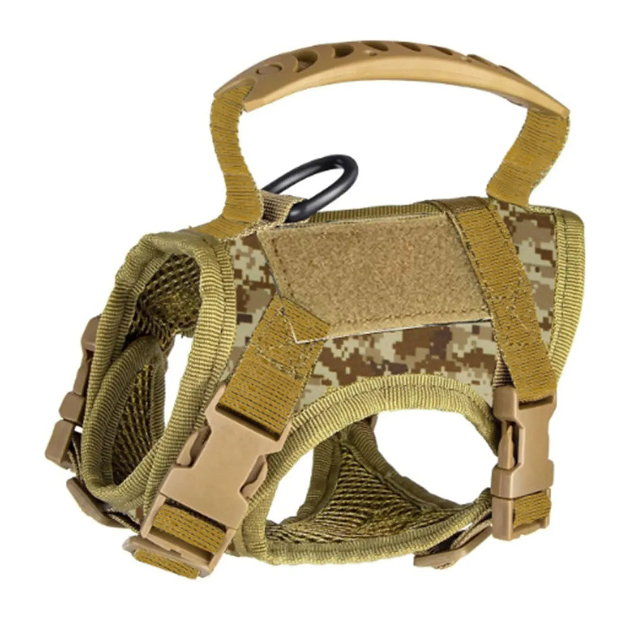 Camouflage dog harness with tactical design on a white background