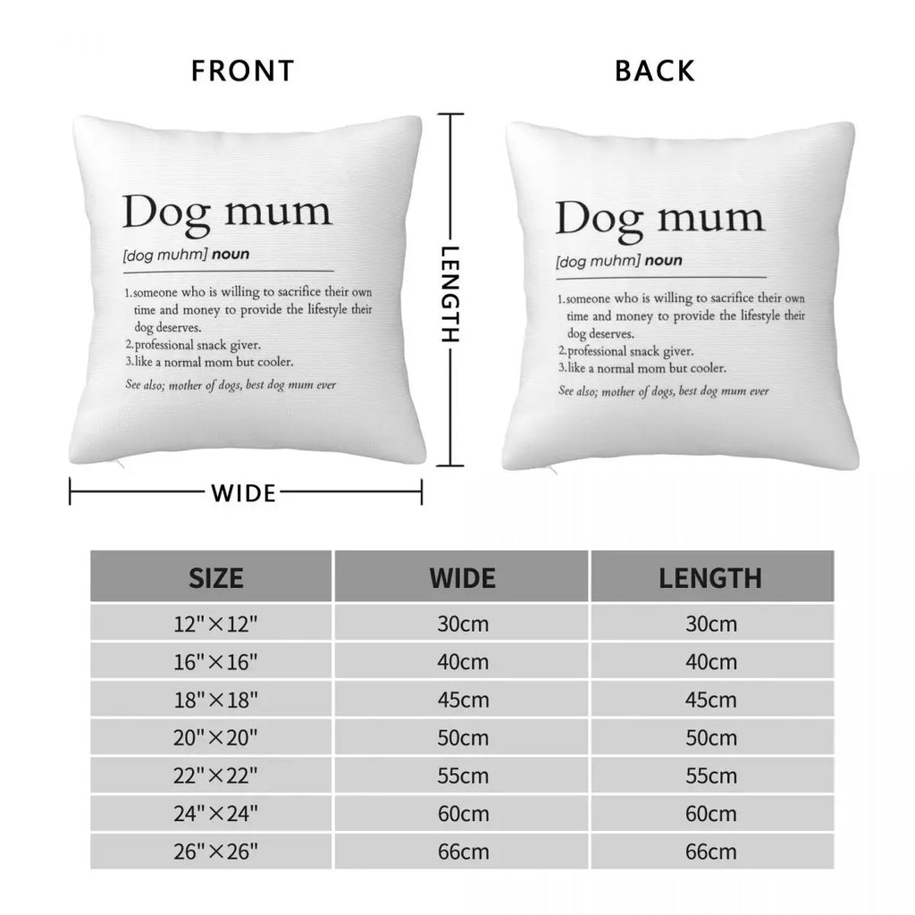 Two pillows with 'Dog mum' definition text, showing front and back views with measurements.