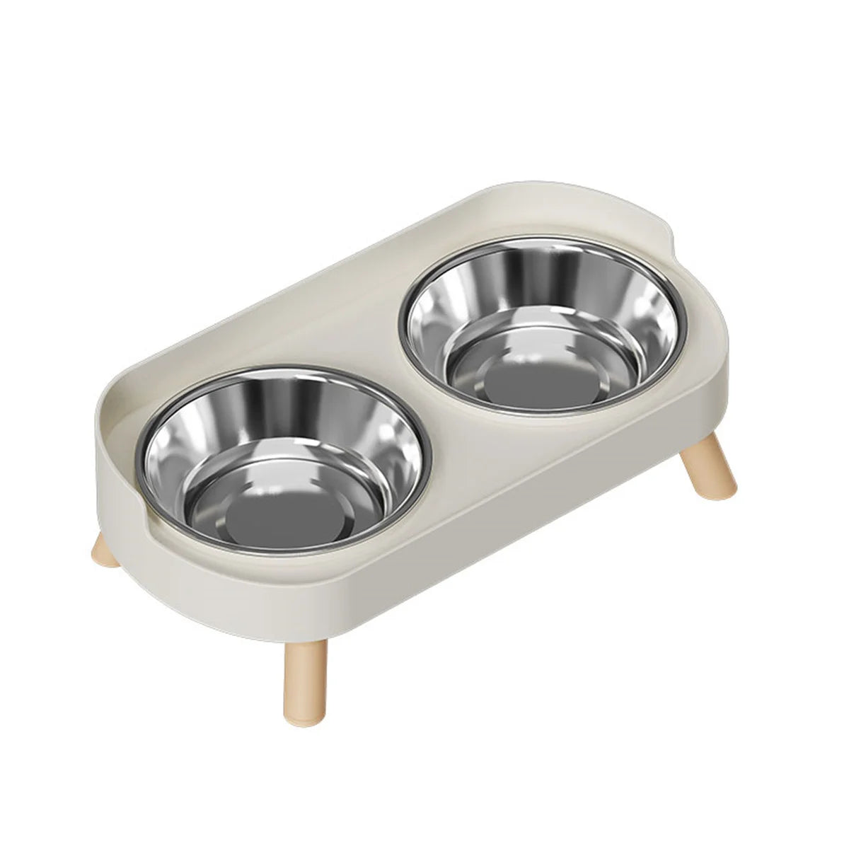 Pet feeding station with two stainless steel bowls on a white background