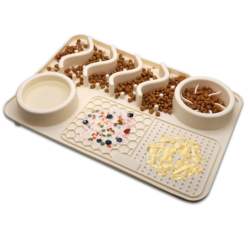 Pet feeding station with two bowls and a mat on a white background