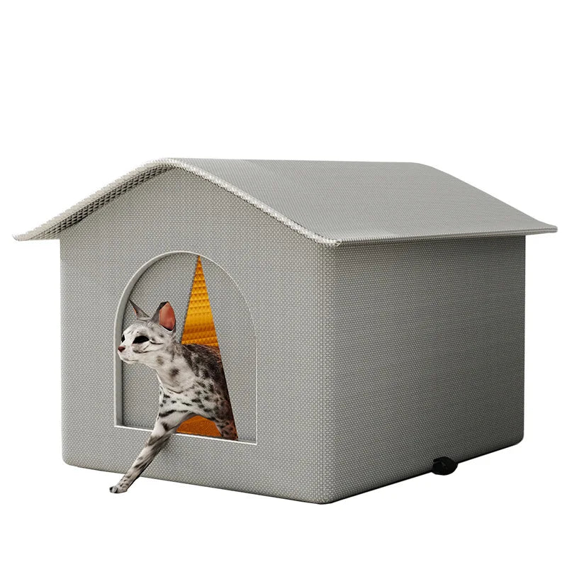 Cat peeking out from a gray pet house with a white background