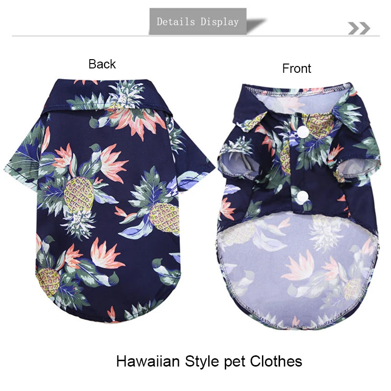 Hawaiian-style pet shirt with pineapple and floral pattern on a white background