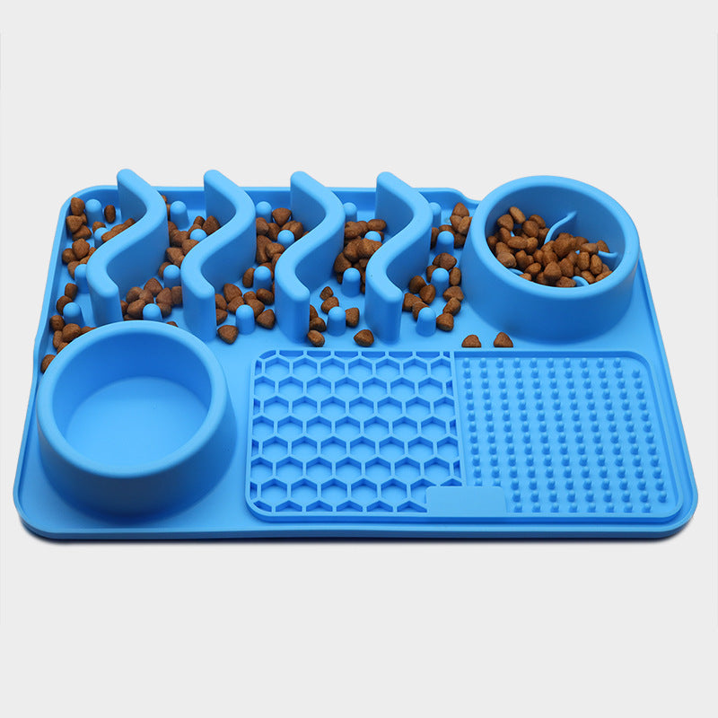 Blue silicone pet feeder with multiple bowls on a white background