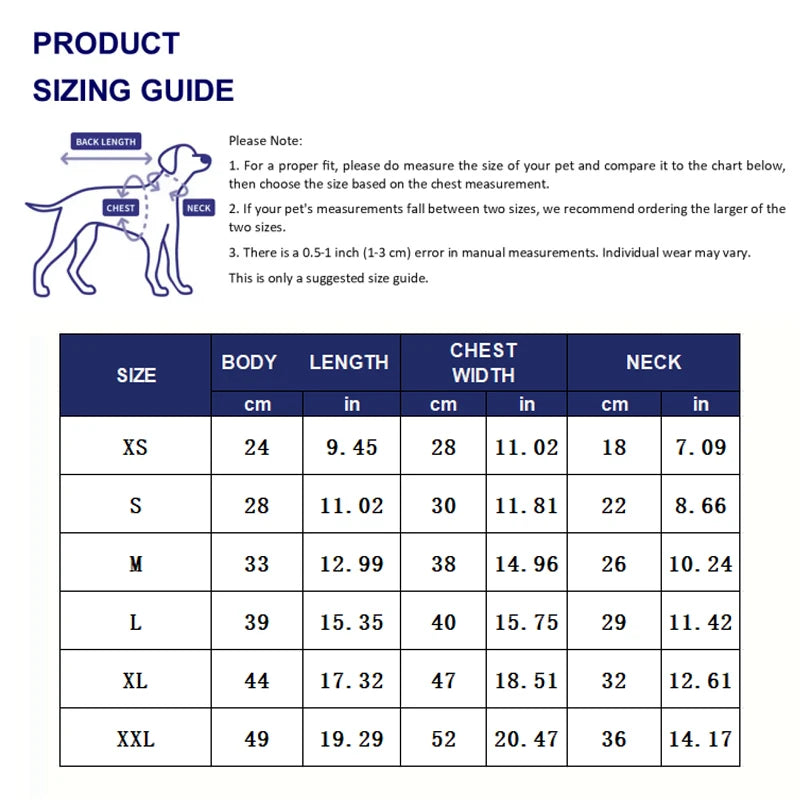Product sizing guide for pet clothing with measurements in centimeters and inches.