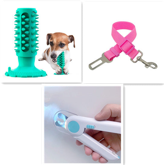 Collage of pet products including a green toothbrush, pink leash, and white grooming tool.