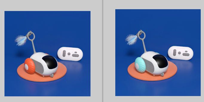 Two identical images of a toy robot with a remote control on a blue background