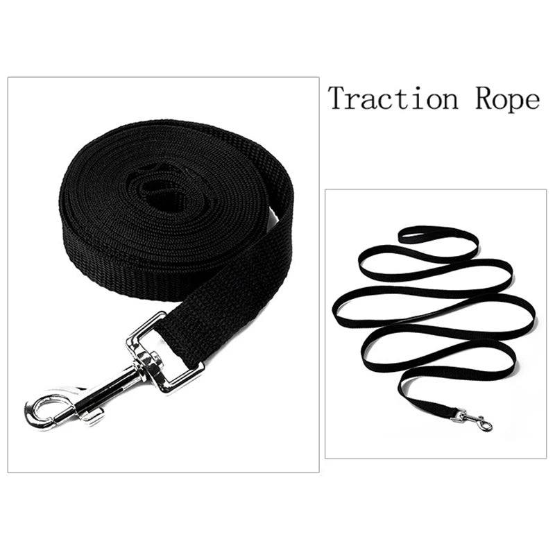 Black traction rope with metal clip on a white background