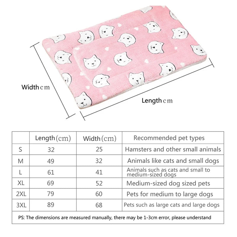 Pink pet bed with white dog pattern and size chart below