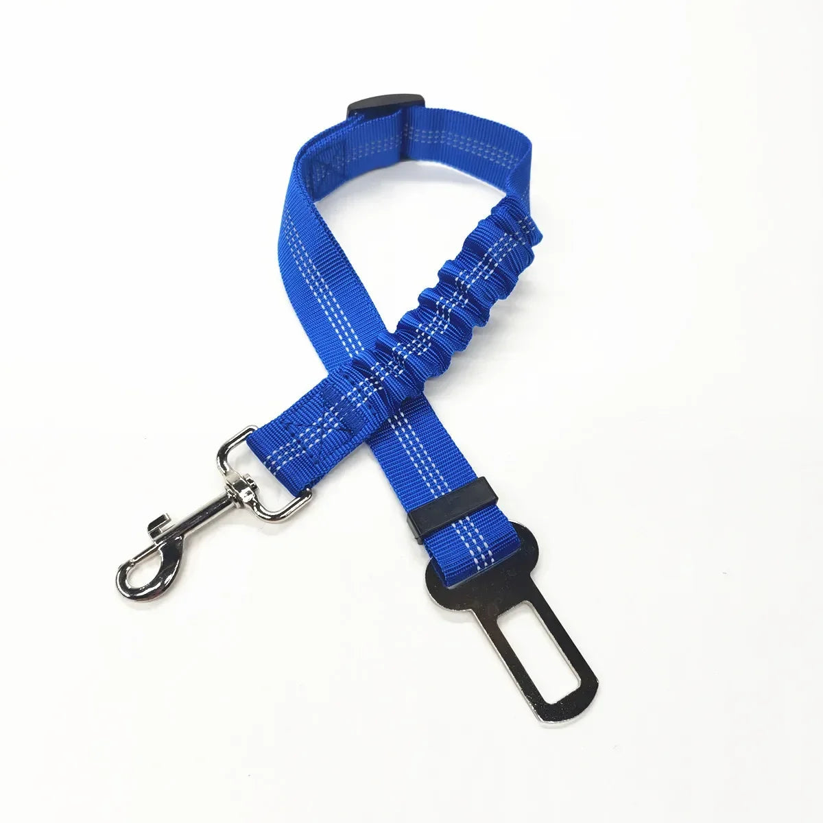 Blue dog car seat belt with clip on a white background