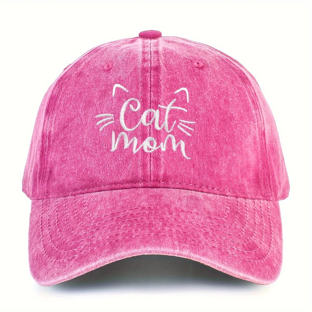 Pink cap with 'Cat Mom' text and cat ears on a white background