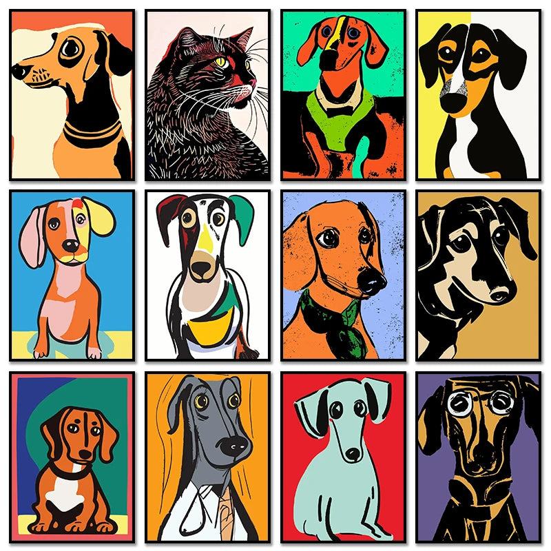 1pc frameless Canvas Painting Colorful Bulldog Sausage Dog Cute Dachshund Portrait Poster Canvas Painting And Print Pop Art Wall