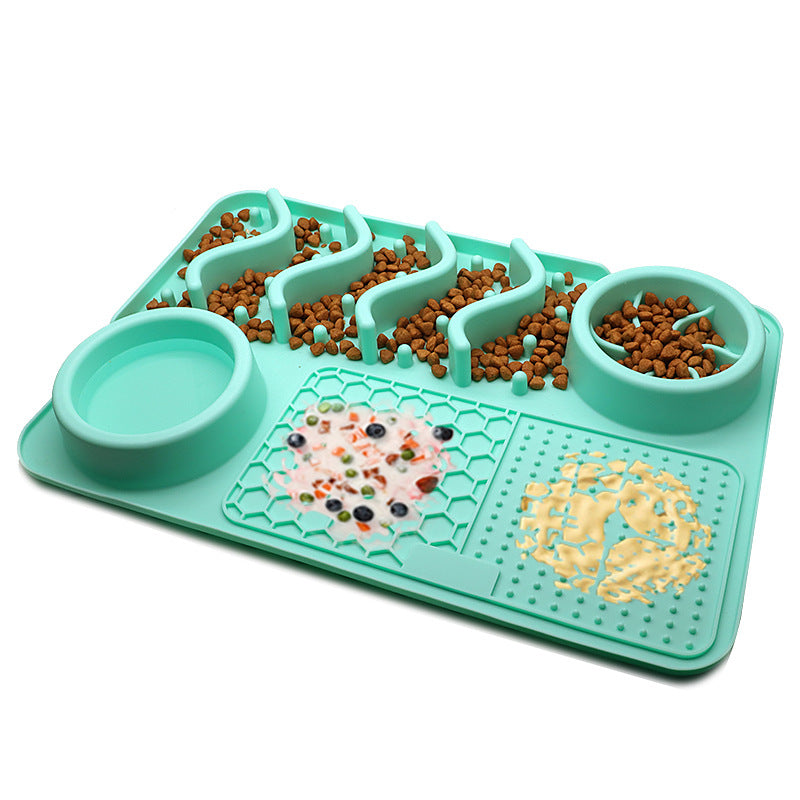 Pet feeding mat with divided sections for food and water on a white background