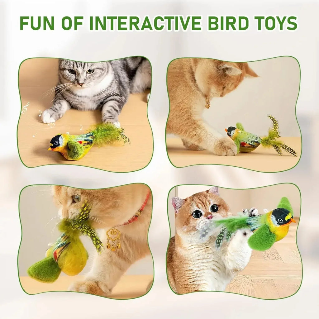 Collage of cats interacting with bird toys on a light background
