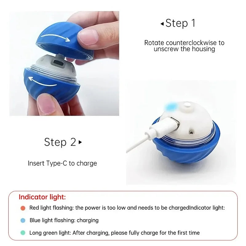 Instructions for using a blue electronic device with text on how to unscrew the housing and insert a Type-C cable.