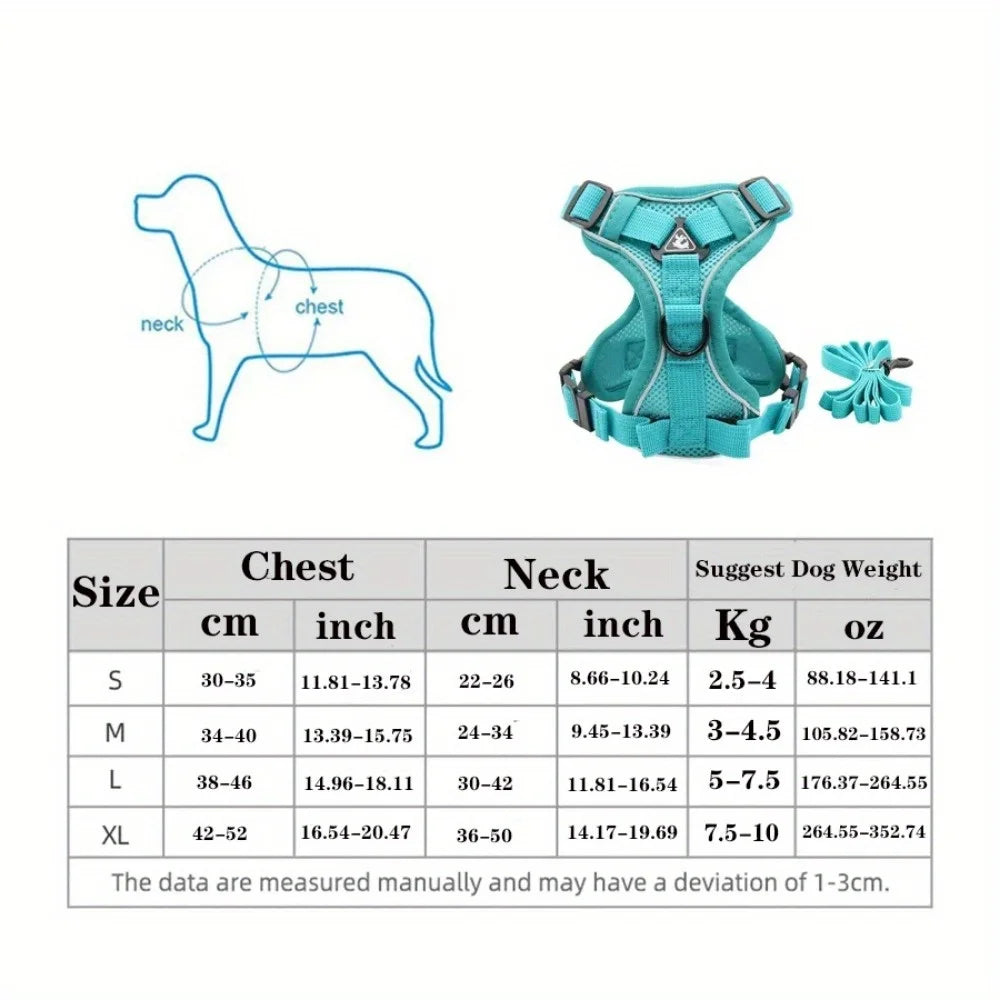 Teal dog harness with size chart and measurement guide on a white background