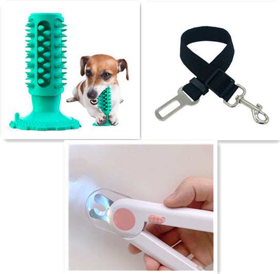 Collage of pet products including a green dog toy, a black leash, and a white grooming tool.