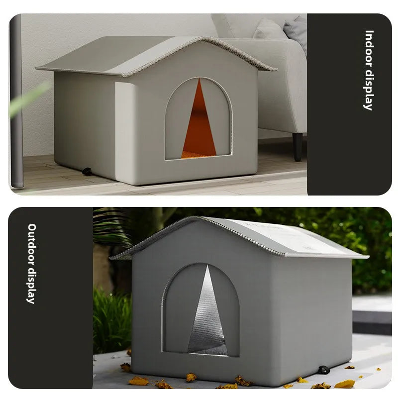 Two views of a pet house, one indoor and one outdoor, with 'Indoor display' and 'Outdoor display' labels.