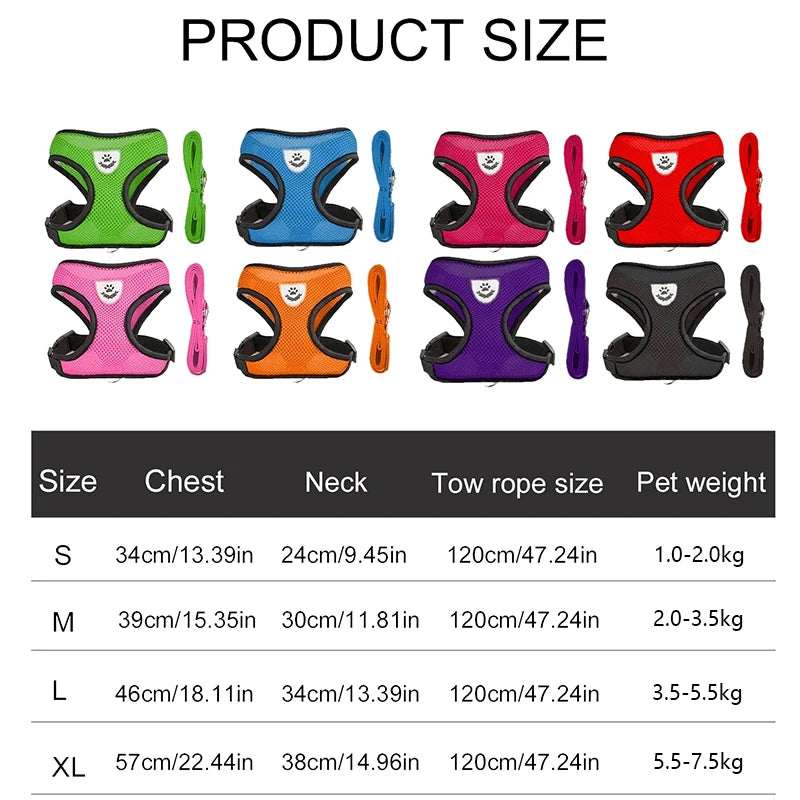 Colorful dog harnesses with size chart on a white background