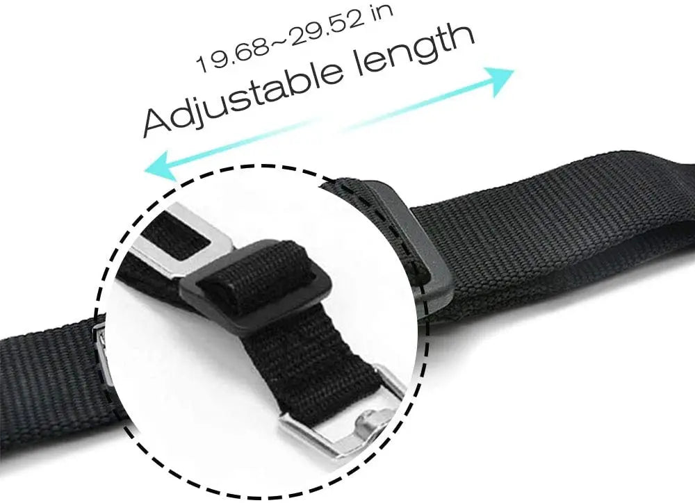 Black adjustable belt with measurement details on a white background