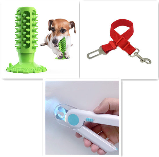 Collage of pet products including a green dog toy, a red dog leash, and a white pet grooming tool.